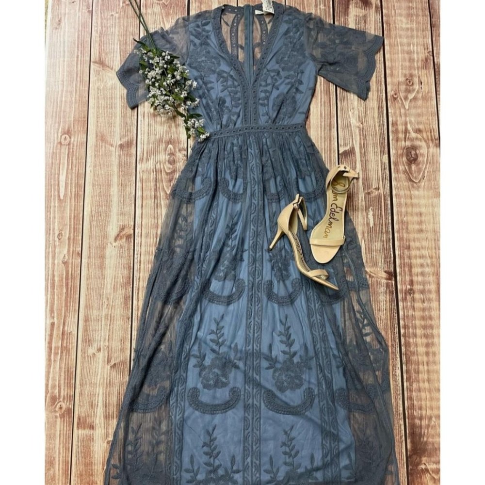 HONEY PUNCH Blue Lace Mesh Overlay Maxi Dress